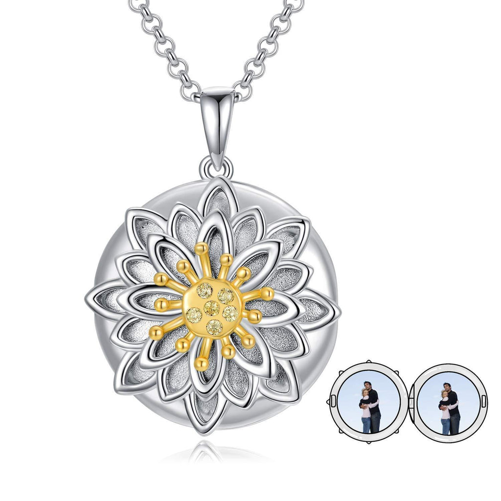 [Australia] - LONAGO Personalised Photo Locket Necklace 925 Sterling Silver Round Locket That Holds Two Pictures Pendant Necklace Jewelry Lotus Flower-only locket 