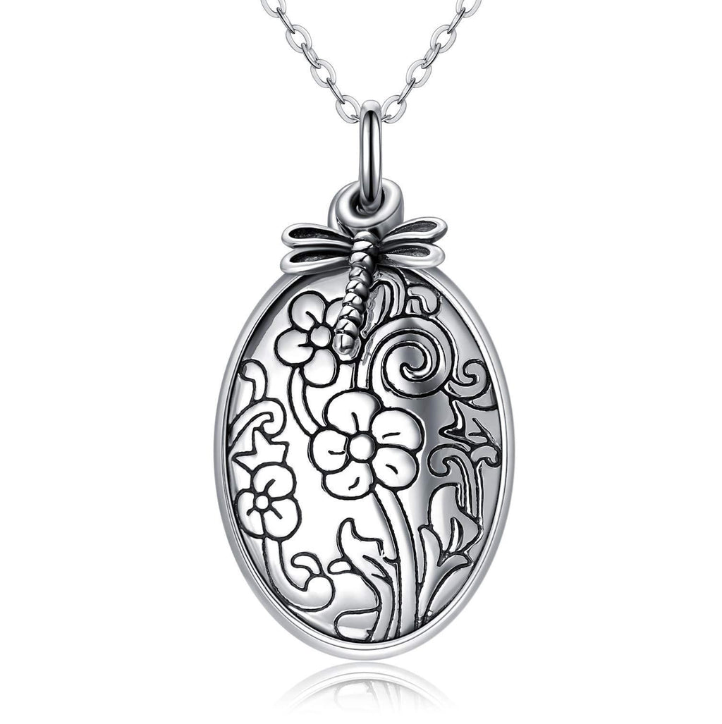 [Australia] - Sterling Silver Locket Necklace That Holds Picture Oval Shaped Flower, Dragonfly Pendant Necklace, Jewellery Gifts for Women Teen Girls Lockets 
