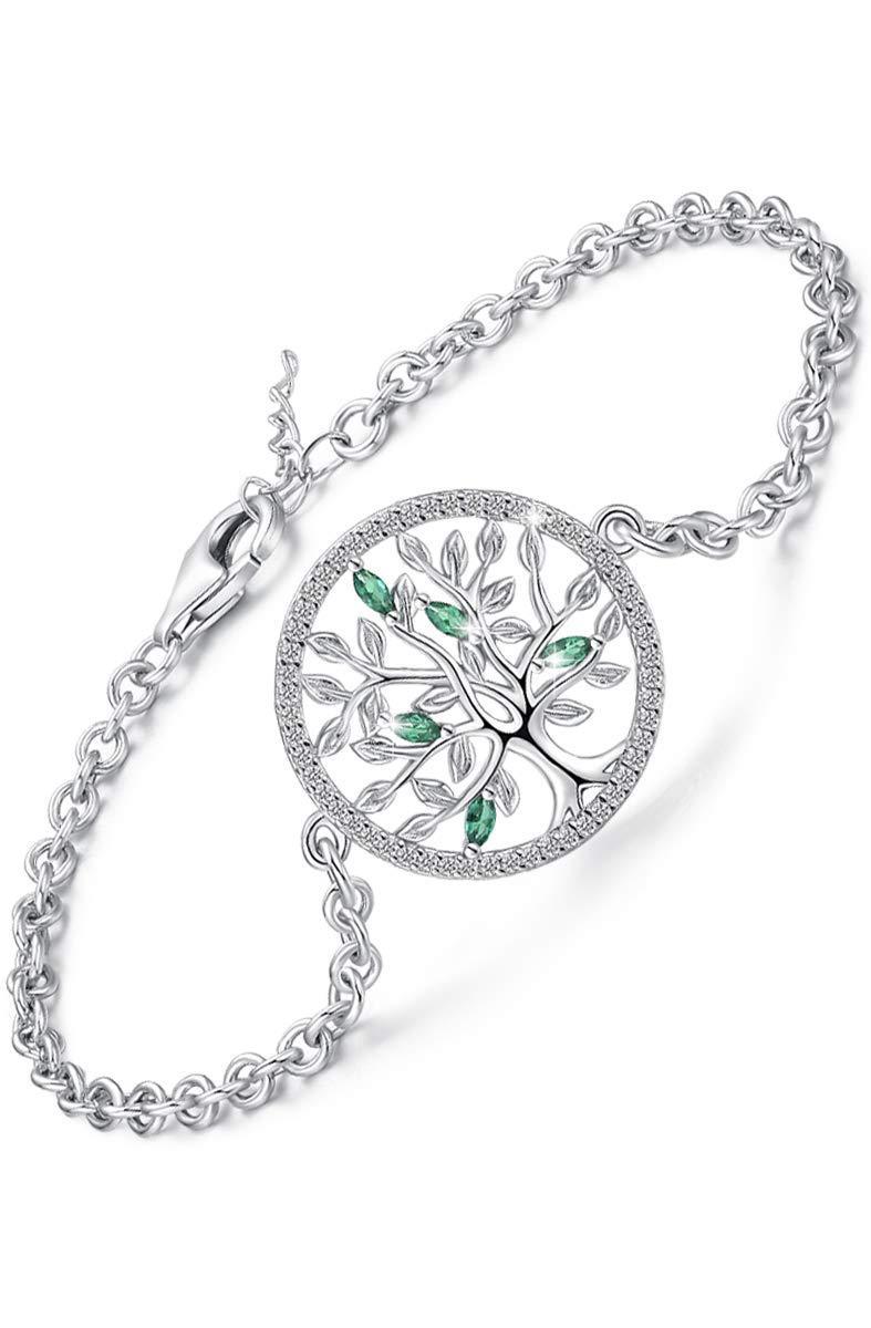 [Australia] - Women Tree of Life Bracelet,925 Sterling Silver Bracelet Charm with Cubic Zirconia＆Emerald,Adjustable 7.09 Inchs Chain Tree of Life Bracelet Jewelry Gift for Women Teen Girls（With Fine Jewelry Box） 