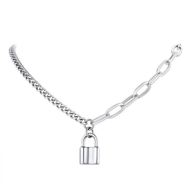 [Australia] - FindChic Lock Chain Necklace Egirl Chains for Women Men Punk Stainless Steel Padlock Pendant Necklace Design A-silver 