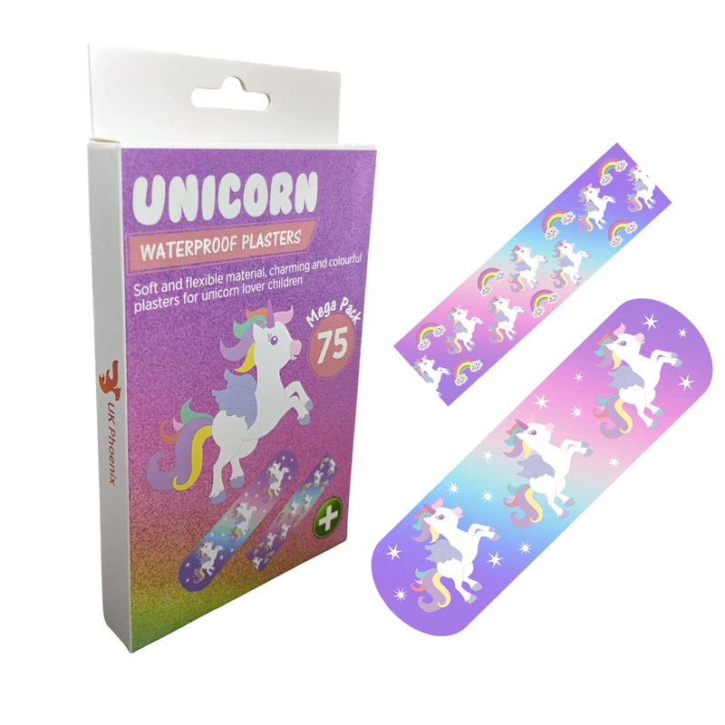 [Australia] - UK Phoenix 75 Pieces Unicorn & Rainbow Kids Plaster 2 Assorted Sizes Wash Proof Cute Bright First Aid Children Education Plasters 75 Count (Pack of 1) 