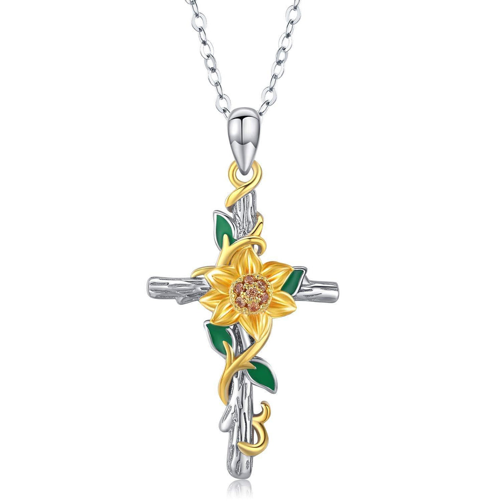 [Australia] - Mothers Day Gifts Flower Necklace for Girls Women 925 Sterling Silver Jewellery for Wife Girlfriend D-sunflower cross 