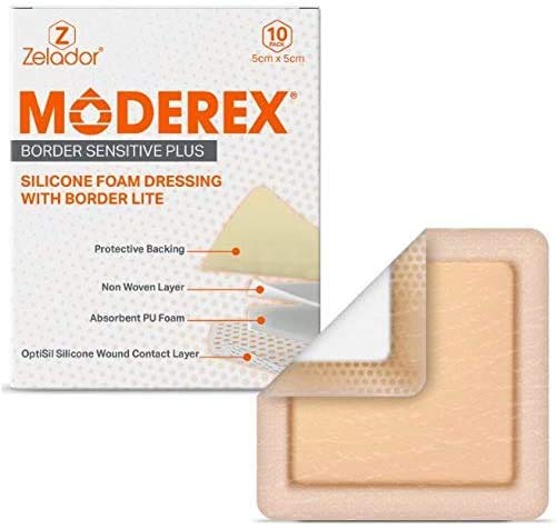 [Australia] - Silicone Lite Foam Dressing (Moderex Border Sensitive Plus) with Border for Light to Moderate exuding Wounds for Sensitive Skin (10x10cm x 10) 10x10cm x 10 