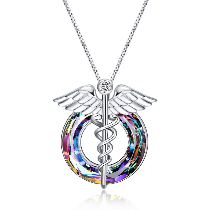 [Australia] - AOBOCO Nurse Gifts for Women, Caduceus Pendent Necklace Sterling Silver with Crystals Jewellery Gift for Her Purple 