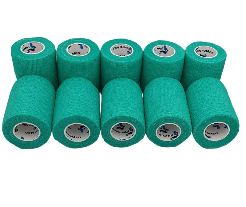 [Australia] - PintoMed - 10 x Green - Cohesive Bandage Stretched 10 Rolls x 10 cm x 4.5m Self-Adhesive Flexible Bandages, First Aid Sports Wrap Bandages - Pack of 10 