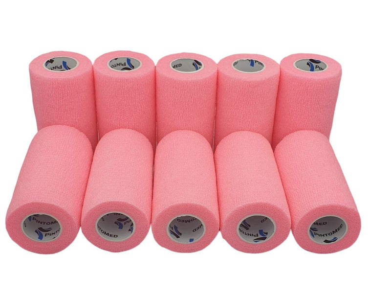 [Australia] - PintoMed - 10 x Pink - Cohesive Bandage Stretched 10 Rolls x 10cm x 4.5m Self-Adhesive Flexible Bandages, First Aid Sports Wrap Bandages - Pack of 10 