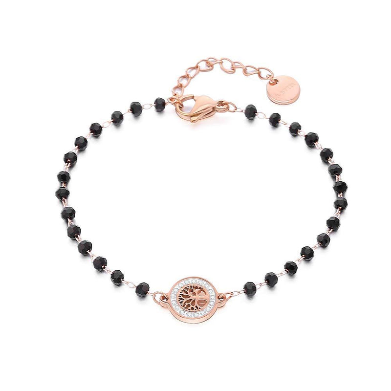[Australia] - Ouran Tree of Life Bracelet for Women, Rose Gold and Silver Plated Stainless Steel Chain Wrist Bracelet with Black Crystal Best Gift for Friends 
