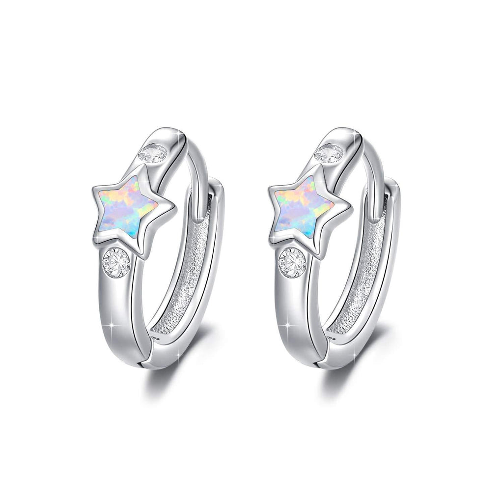 [Australia] - Star Hoop Earrings Sterling Silver Star Huggie Earrings Opal Earrings Circle Hinged Crystal Hoop Stud Earring Gift for Women Lady Girls Kids 