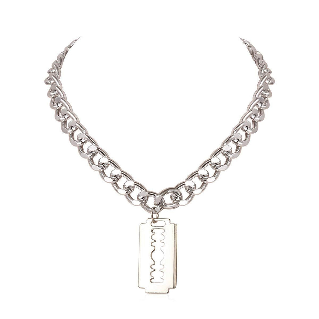 [Australia] - Ingemark Unisex Tag Pendant Chain Choker Silver Tone Razor Blade with Safety Beveled Edgy Pendant Necklace Dad Son Unique Gifts (Style 1 Silver) 