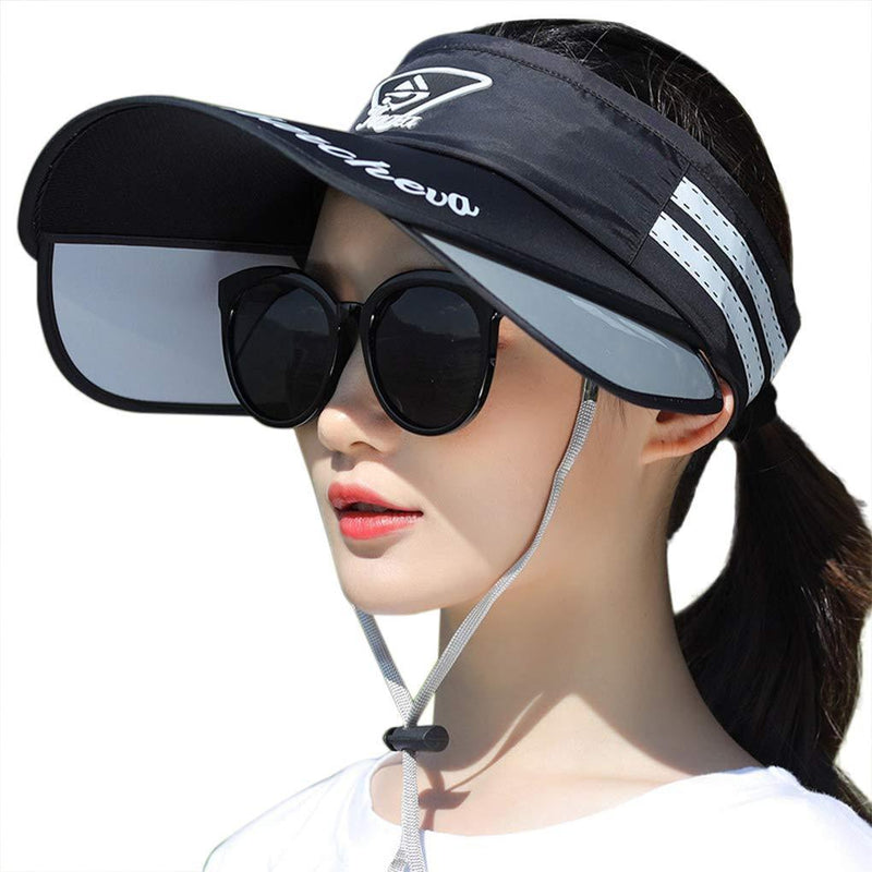 [Australia] - Womens Mens Retractable Wide Brim Sun Visor Hat UV Protection Beach Sun Visor Adjustable Golf Tennis Volleyball Visor Cap Breathable Summer Sun Hat with Retractable Visor Summer Headwear Sun Visor Cap Black 