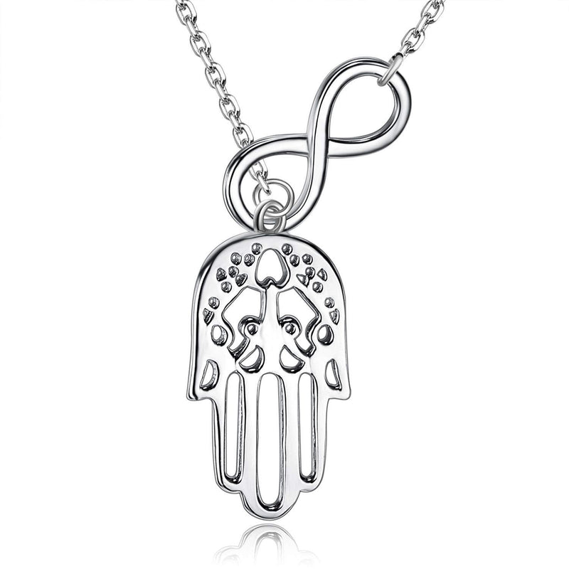 [Australia] - 925 Sterling Silver Infinity Good Luck Hamsa Fatima Hand Pendant Necklace, Rolo Chain 17" 