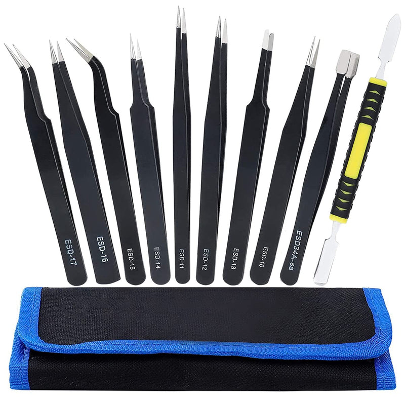[Australia] - Precision ESD Tweezers Set, Anti-Static Stainless Steel Tweezers Set Kit Perfect for Electronics, Craft, Jewellery, Soldering, Laboratory Work and Detailed Work 10pcs 