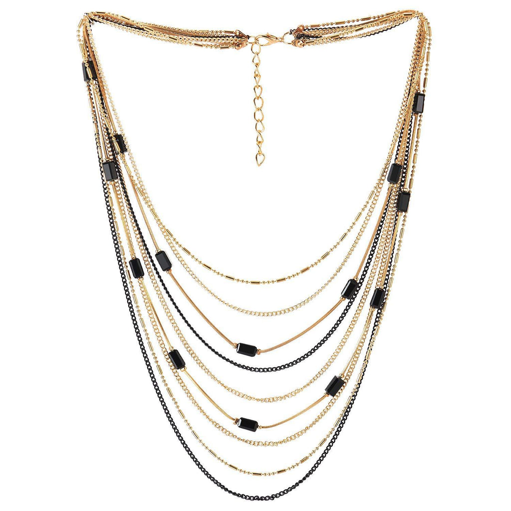 [Australia] - COOLSTEELANDBEYOND Gold Black Prom Choker Collar Necklace Waterfall Multi-Strand Chains Rectangle Crystal Bead Charms 