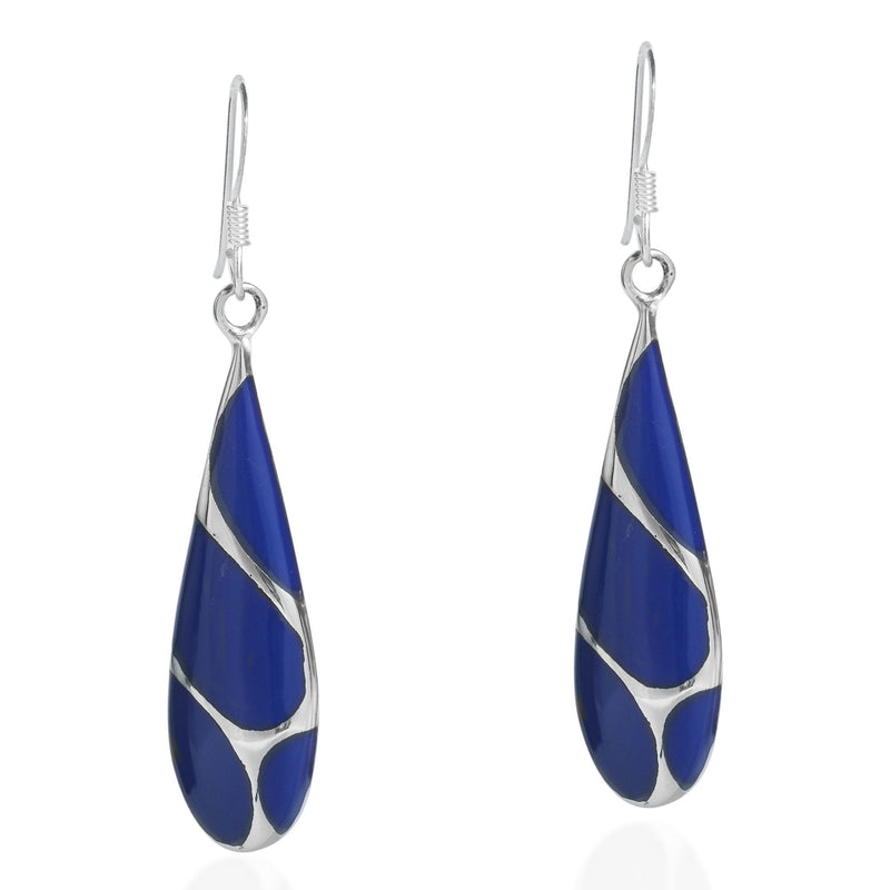 [Australia] - Vintage Simulated Blue Lapis-Lazuli Streak Teardrop .925 Sterling Silver Dangle Earrings 