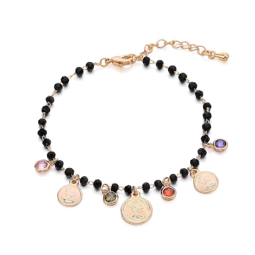 [Australia] - Ouran Coin and Crystal Pendant Link Bracelet for Women, Charming Rose Gold/Silver Plated Copper Chain with Black Crystal Bead Wrist Bracelet Best Gift for Friends Gold Plated With Color Crystal 