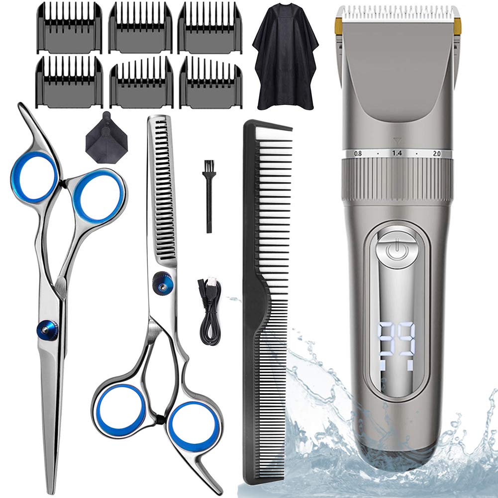 [Australia] - Hair Clippers for Men Kids,Hair Clippers and Hair Cutting Scissors Set, Professional Hair Trimmer Set Cordless Rechargeable Led Display Five Speed Adjustment Electric Hair Clippers with 6 Guide Combs Silver Gray 