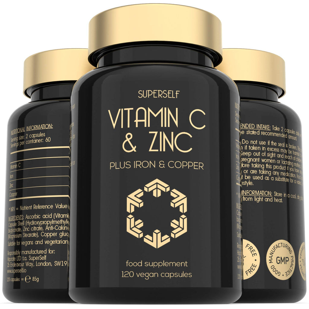 [Australia] - Vitamin C and Zinc Tablets - 1000mg Vitamin C Enhanced with Zinc, Iron, Copper - 120 Capsules - High Strength Immune System Complex - Vegan VIT C Supplement - Superior Absorption 