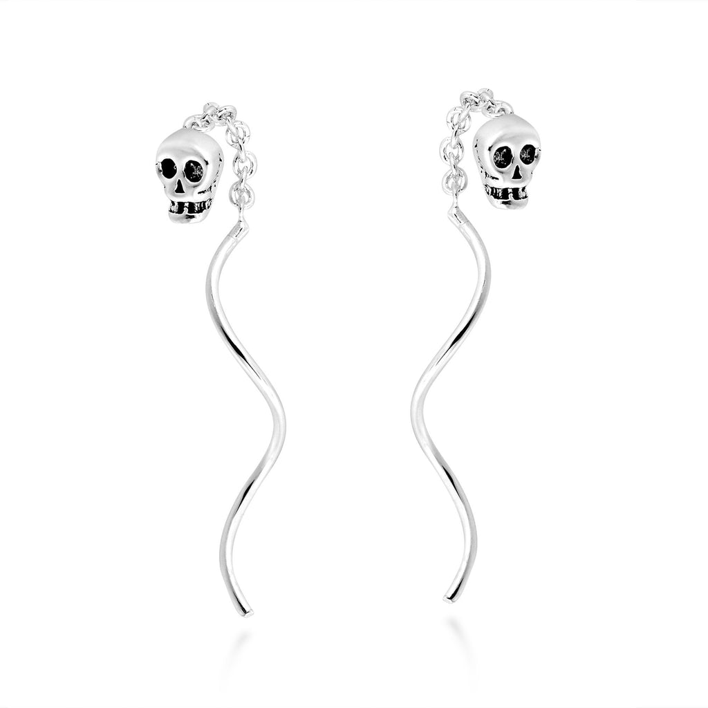 [Australia] - Tiny Skull Chain Thread Spiral Stick Slide .925 Sterling Silver Dangle Earrings 