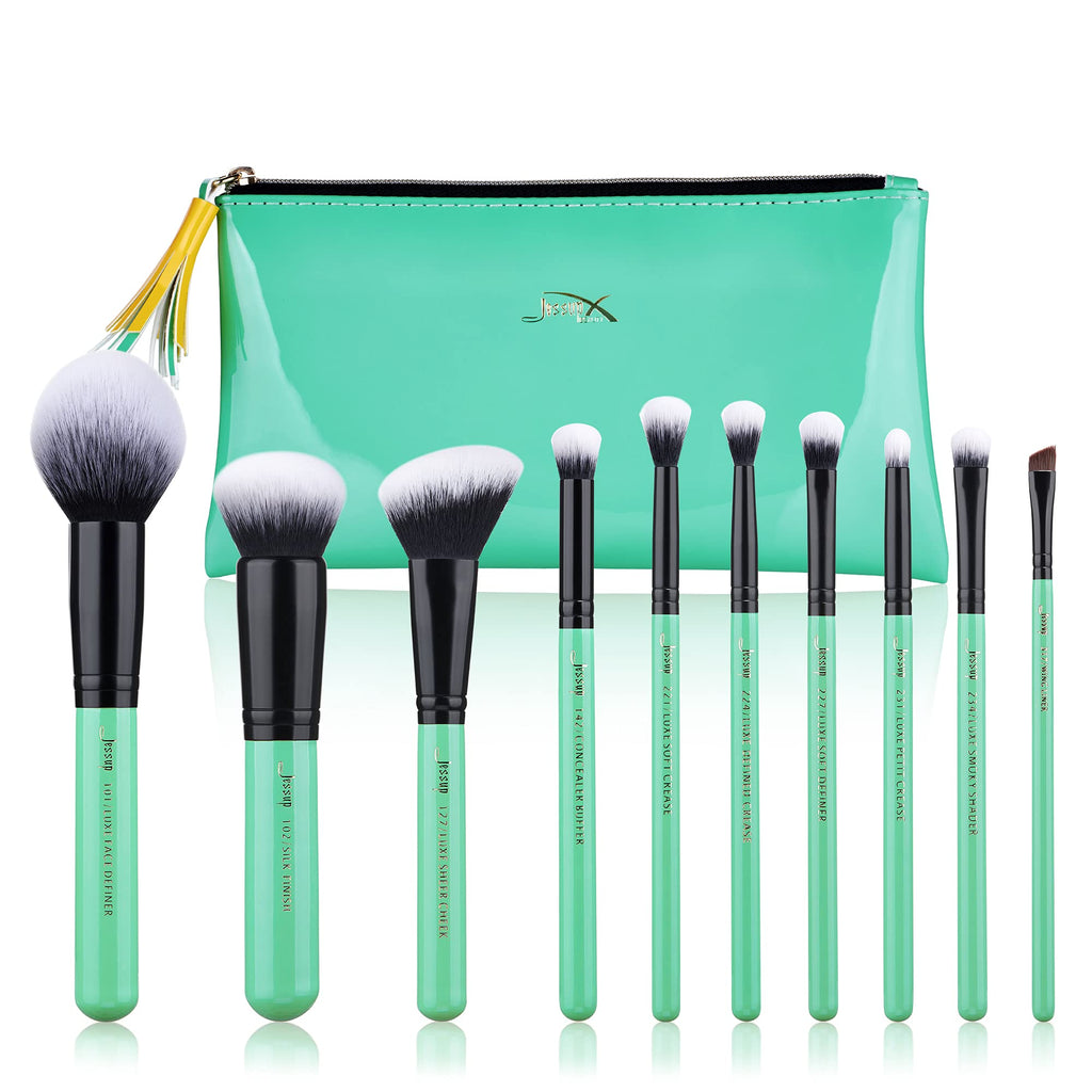 [Australia] - Jessup Face Brush Set Powder Concealer Buffer Blending Foundation Eye Makeup Brushes Premium Synthetic Hair 10 Pcs Make up Kit T278 Neo Mint 