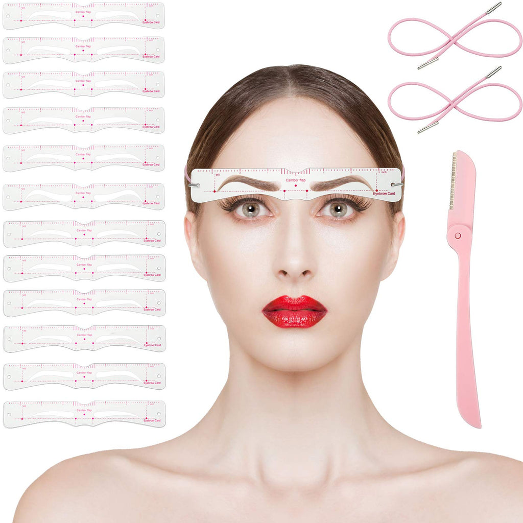 [Australia] - 15 Pieces Eyebrow Stencil Shaper Kit, Includes 12 Pairs Reusable Eyebrow Template Eyebrow Grooming Shaping Stencil, 2 Pieces Straps, Eyebrow Razor Trimmer for Women Girls Makeup Tool 