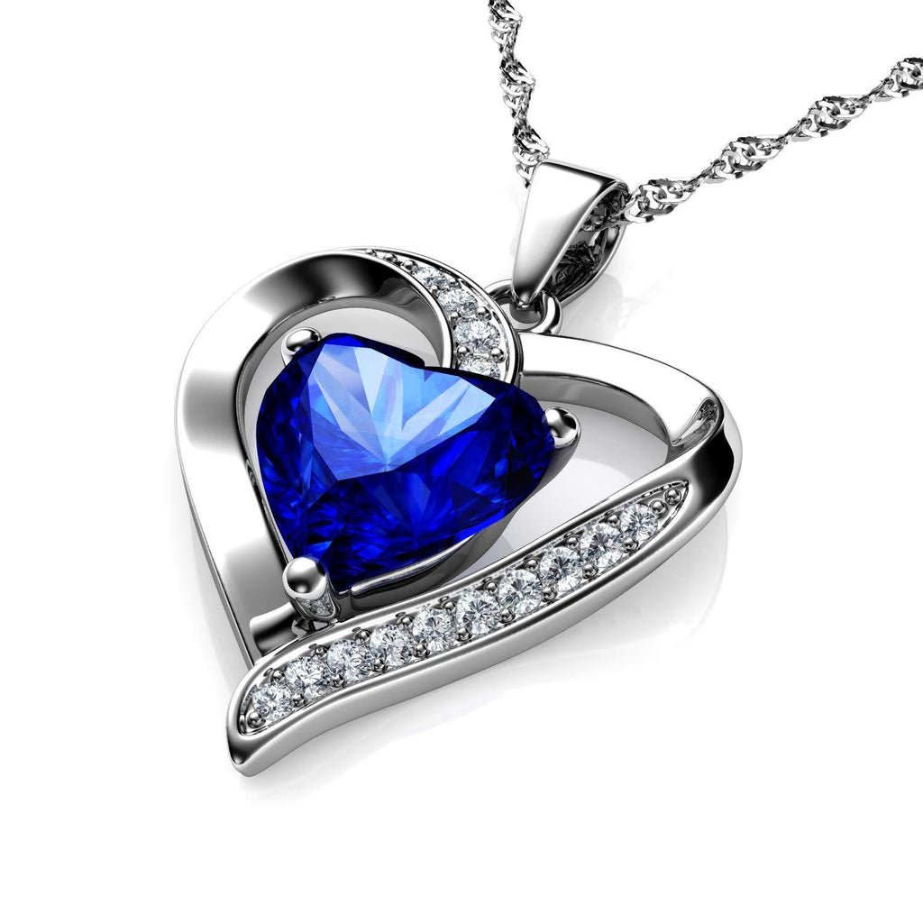 [Australia] - DEPHINI - Blue Heart Necklace - 925 Silver Heart Pendant Embellished with Branded Crystal 18" Sterling Silver Chain + Jewelry Box Gifts for Women 