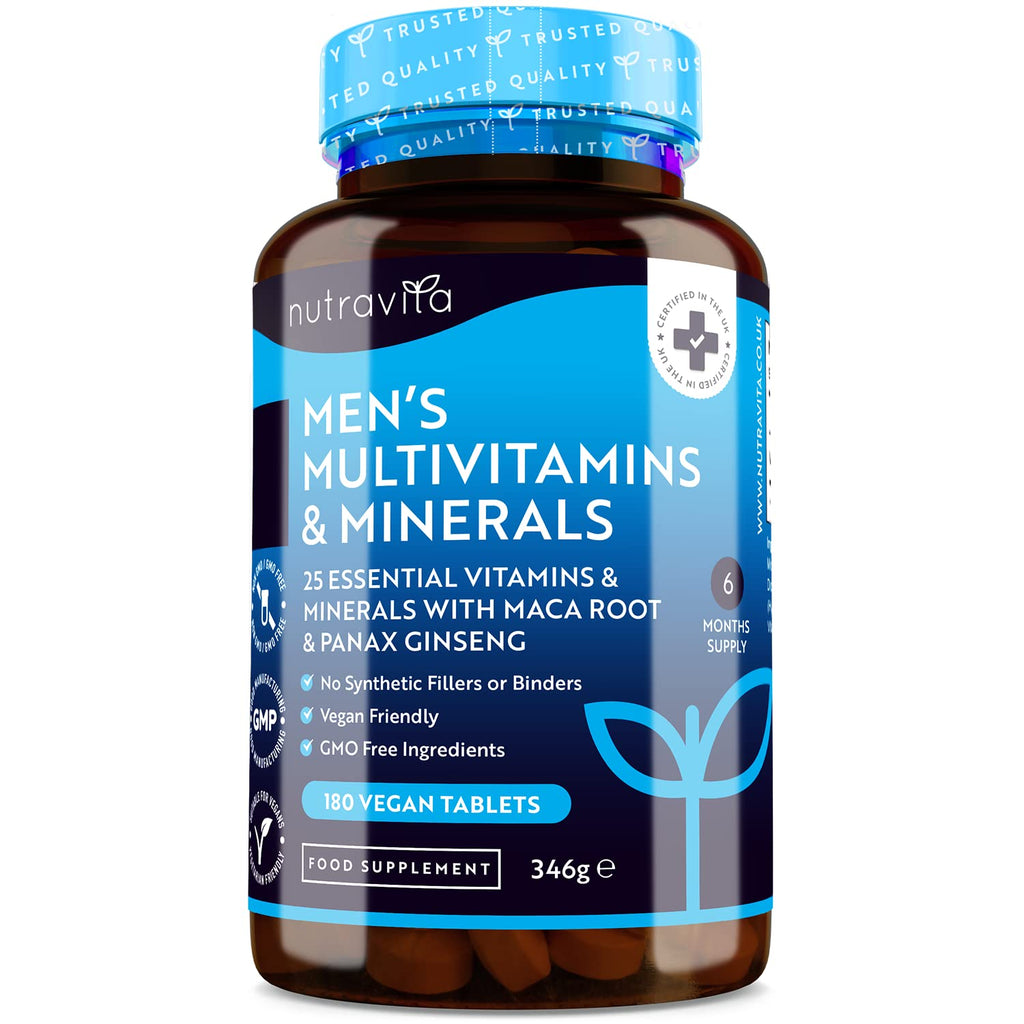 [Australia] - Men's Multivitamins and Minerals - 25 Essential Active Vitamins and Minerals with Added Maca Root and Panax Ginseng - 180 Vegan Tablets - No Synthetic Fillers or Binders - Made in The UK by Nutravita 