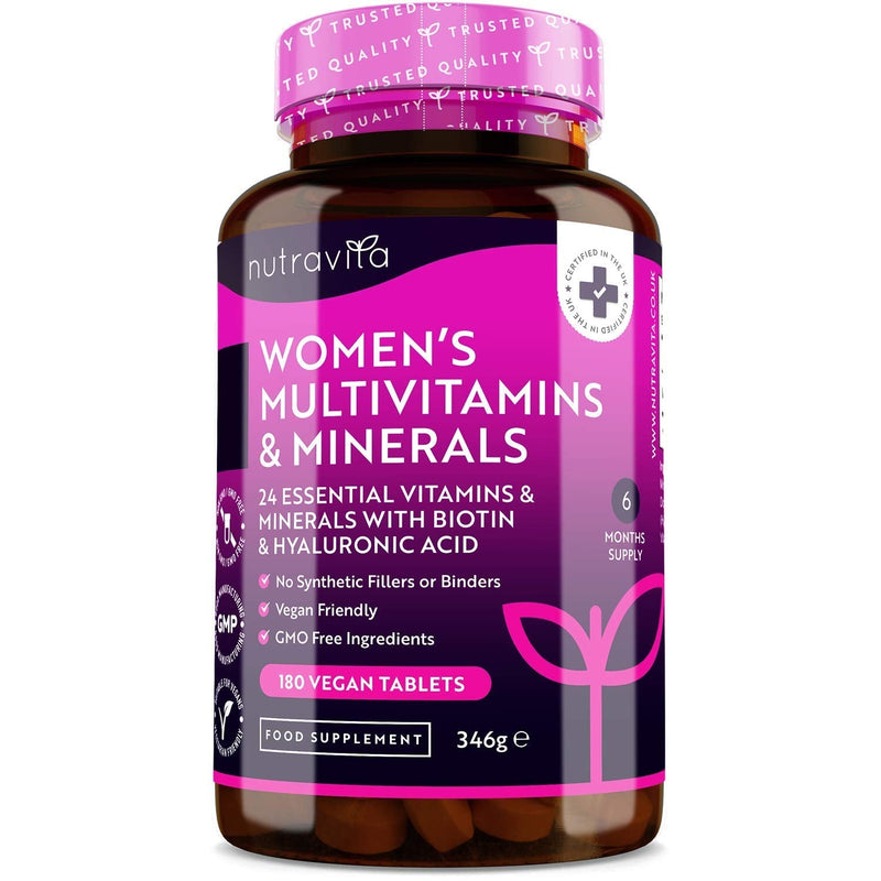 [Australia] - Women's Multivitamins and Minerals - 24 Essential Active Vitamins and Minerals with Added Hyaluronic Acid - 180 Vegan Tablets - No Synthetic Fillers or Binders - Made in The UK by Nutravita 