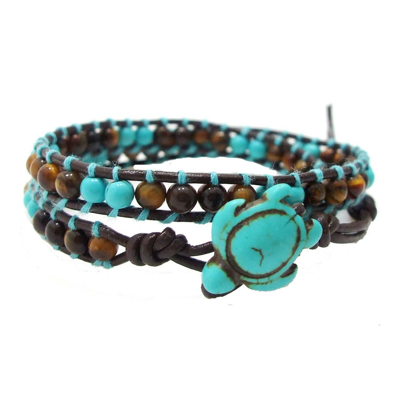 [Australia] - Ocean Sea Turtle Simulated Turquoise and Tiger's Eye Double Wrap Leather Bracelet 