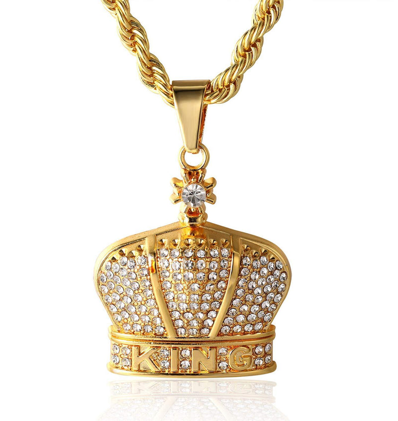 [Australia] - Gold Chain for Men Iced Out,18k Real Gold plated/Platinum White Gold Finish King Letter Crown Pendant Necklace,Full Cz Lab Diamonds Prong Set,with Rope Chain 60cm/Tennis Chain 50cm,FREE Giftbox with 3mm Rope Chain 24"(60cm) 