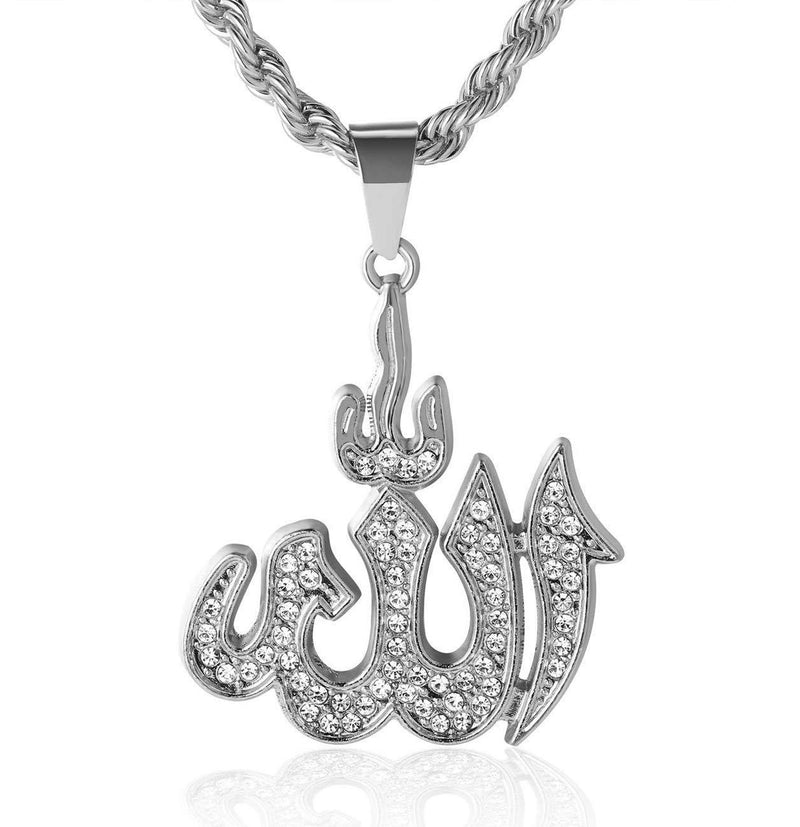 [Australia] - Gold Chain for Men Iced Out,18k Real Gold plated/Platinum White Gold Finish Allah Islam Symbol Pendant Necklace,Full Cz Lab Diamonds Prong Set,with Rope Chain 60cm/Tennis Chain 50cm,FREE Giftbox Platinum Plated 3d Allah With 3mm Rope Chain 24"(60cm) 