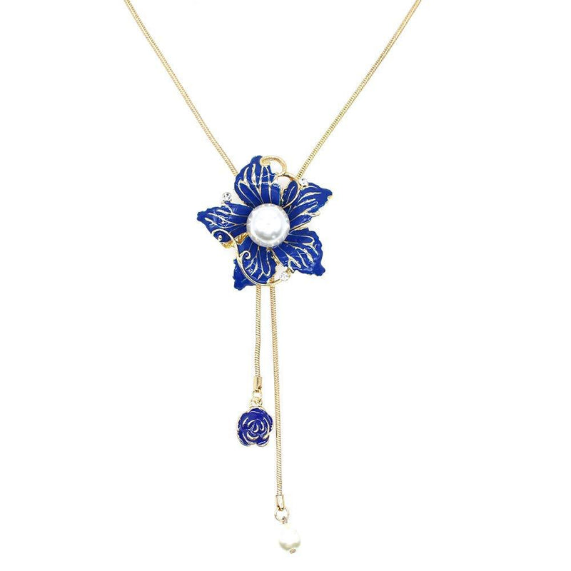 [Australia] - White Crystal Pearl Bauhinia Flower Pendant Necklace Long Sweater Necklace Fashion Jewelry for Women Girls Blue Flower Necklace 
