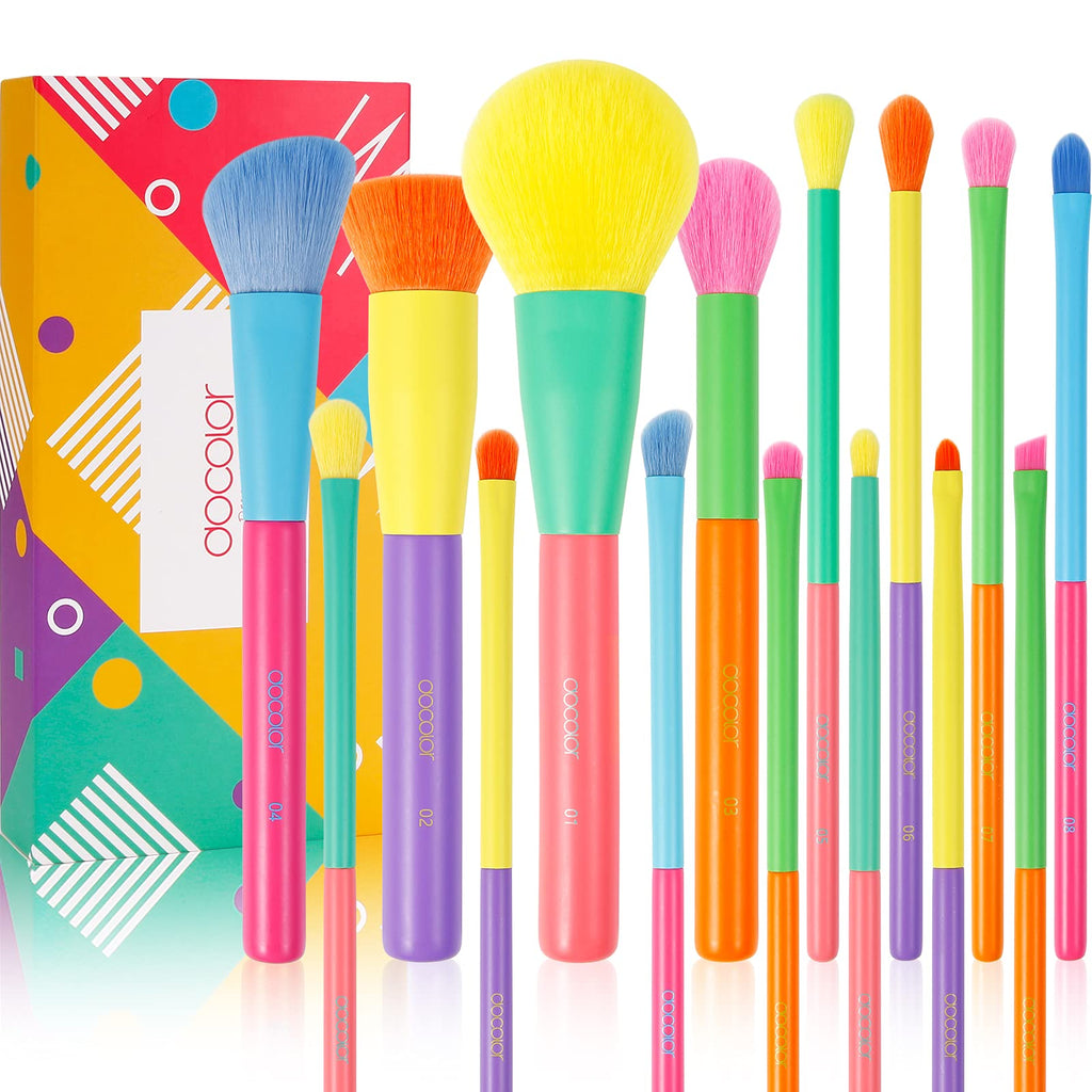 [Australia] - Docolor Makeup Brushes 15 Pcs Colourful Makeup Brush Set Premium Synthetic Kabuki Brush for Foundation Cream Liquid Blending Face Powder Blush Concealers Eyeshadow Rainbow Make Up Brush Set 