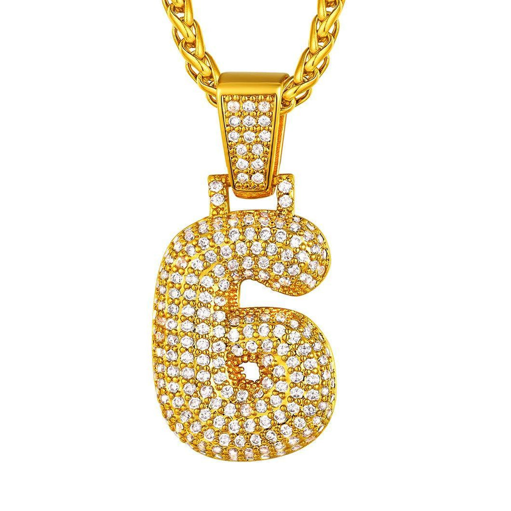 [Australia] - Bubble Letter/Number Pendant Necklace, Iced Out Round Alphabet A-Z/Digit 0-9 Pendant, Customizable, Gold/Platinum Plated Full Cubic Zirconia Jewellery Bling Bling Cute Initial Necklace (Gift Package) 33. Number 6 18K Gold Plated 
