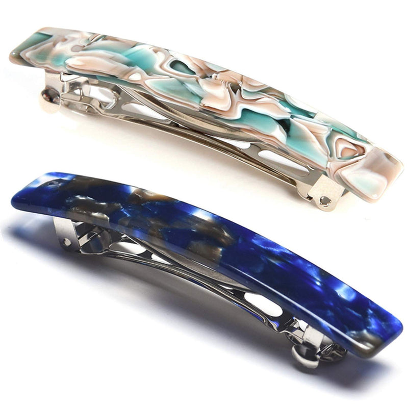 [Australia] - 2PCS French Design Hair Barrette Tortoise Shell Celluloid Rectangle Hair Clips for Women Blue,Onyx Green 