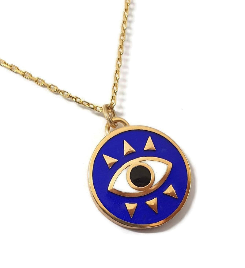 [Australia] - MYSTIC JEWELS by Dalia - Round Eye Necklace for Good Luck - 925 Sterling Silver Enamel Blue Gold Plated 