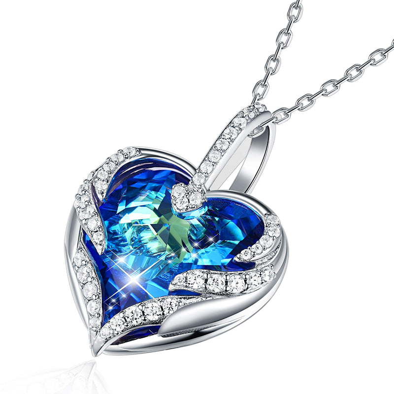 [Australia] - CRYSLOVE Angel Wing Love Heart Necklace for Women White Gold Plated Heart of Ocean Crystal Pendant Jewelry Gifts for Mother/Wife/Sister Blue Heart 