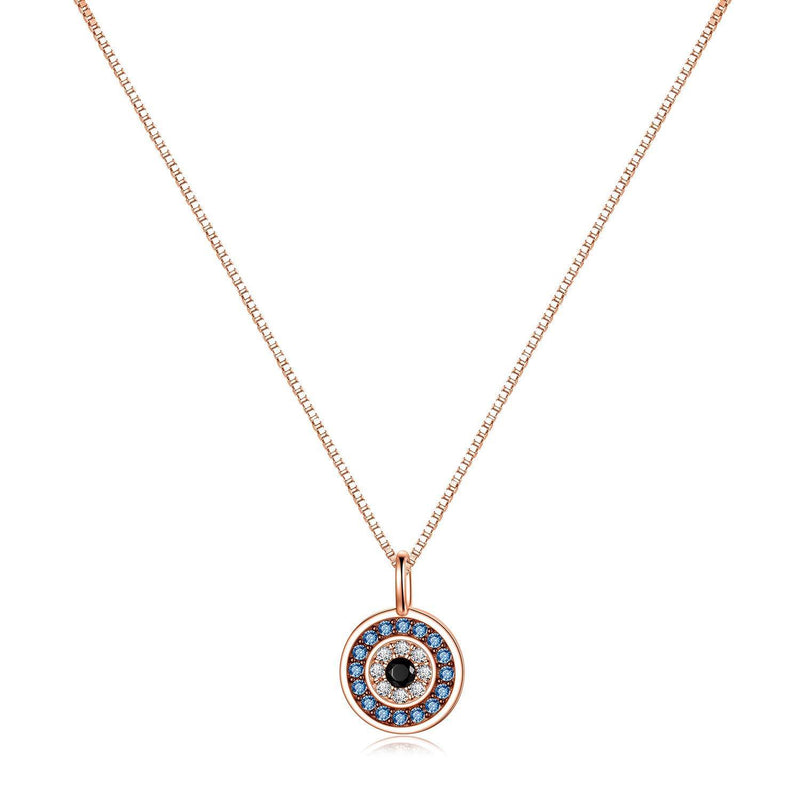 [Australia] - Sterling Silver Round Blue Evil Eye Pendant Necklace With Cubic Zirconia Blue Amulet Necklace For Women Men 18inch- White/Rose Gold/Yellow Available Rose Gold 