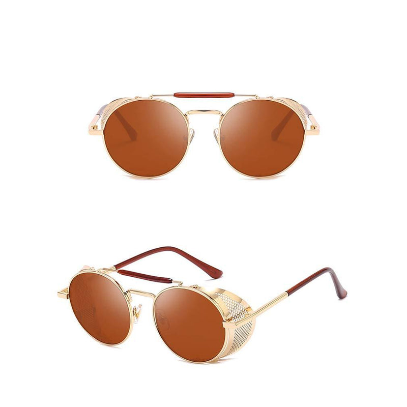 [Australia] - AidShunN Unisex SteamPunk Sunglasses Classic Retro Style Metal Round Goggle Golden/Tea 