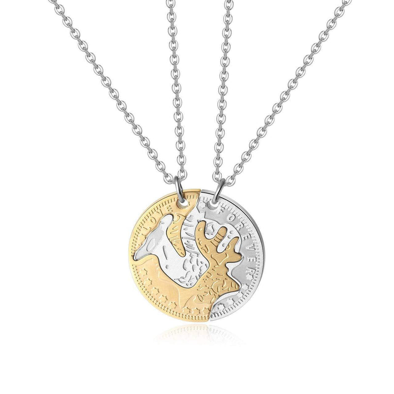 [Australia] - Zysta Engraving Elk Matching Round Necklaces for Couple Personalised His and Hers Yin-Yang Deer Pendant Set Matching Necklace Customised Distance Relationship Jewellery Promise Gift for Lover 2 Pcs (Silver & Gold) Non-Engraving 