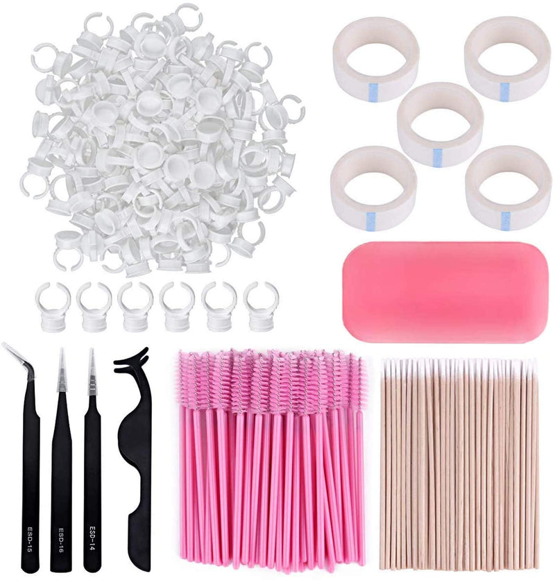 [Australia] - Eyelash Extension Kit 410Pcs, including Stainless Steel Precision Tweezers Set, Disposable Eyelash Mascara Brush Wand, Cotton Swabs 200Pcs, Cup Rings 100Pcs, Tapes, Eyelash Holder Pad 