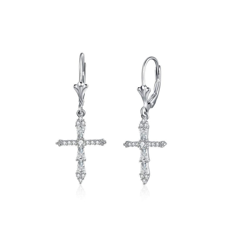 [Australia] - E 925 Sterling Silver Cross Dangle Earrings for Women, Rhodium Plated Hypoallergenic Drop Earrings for Women Sensitive Ears 