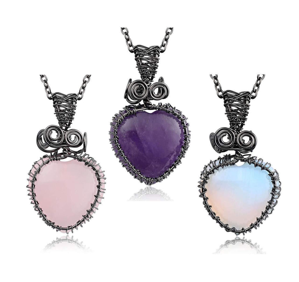[Australia] - JOVIVI 3pc Amethyst Rose Quartz Opalite Crystal Heart Reiki Healing Stone Pendants Necklaces Women Jewellery Gifts 3pcs Heart Set 