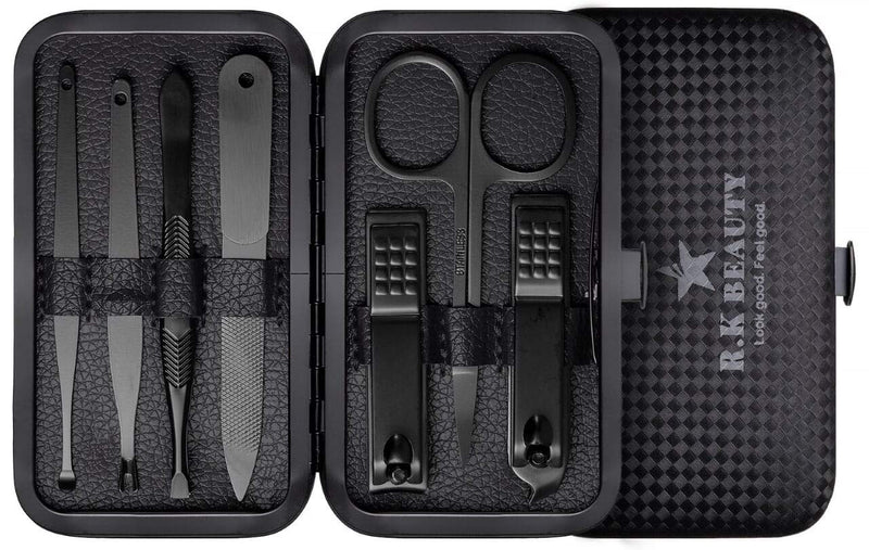 [Australia] - Manicure Sets 7Pcs for Men & Women, Fashion Professional Stainless Steel Nail Clippers Pedicure Kit Grooming Tools by RK Beauty (BLACK) Black 