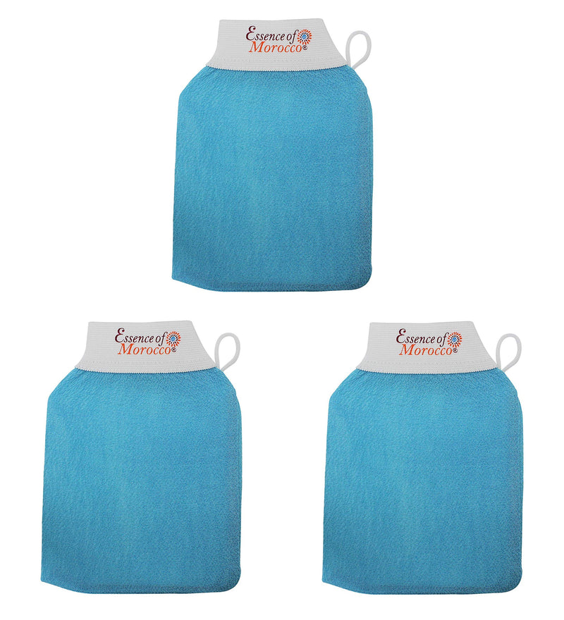 [Australia] - Moroccan Exfoliating Kessa Glove Blue Hammam Exfoliation Scrubbing Mitt Spa Scrub Made in Morocco Premium Quality (Triple Pack) Pack of 3 