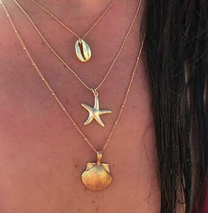 [Australia] - Ushiny Boho Layered Shell Necklaces Gold Starfish Choker Necklace Beaded Pendant Necklace Chain Adjustable Jewelry for Women and Girls 