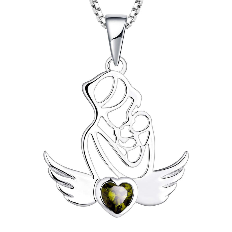 [Australia] - YL Mother and Daughter Son Necklace 925 Sterling Silver cut 12 Birthstone Cubic Zirconia Angel Wing Pendant Gifts for Mum Women, 45-48 CM August,peridot Green 