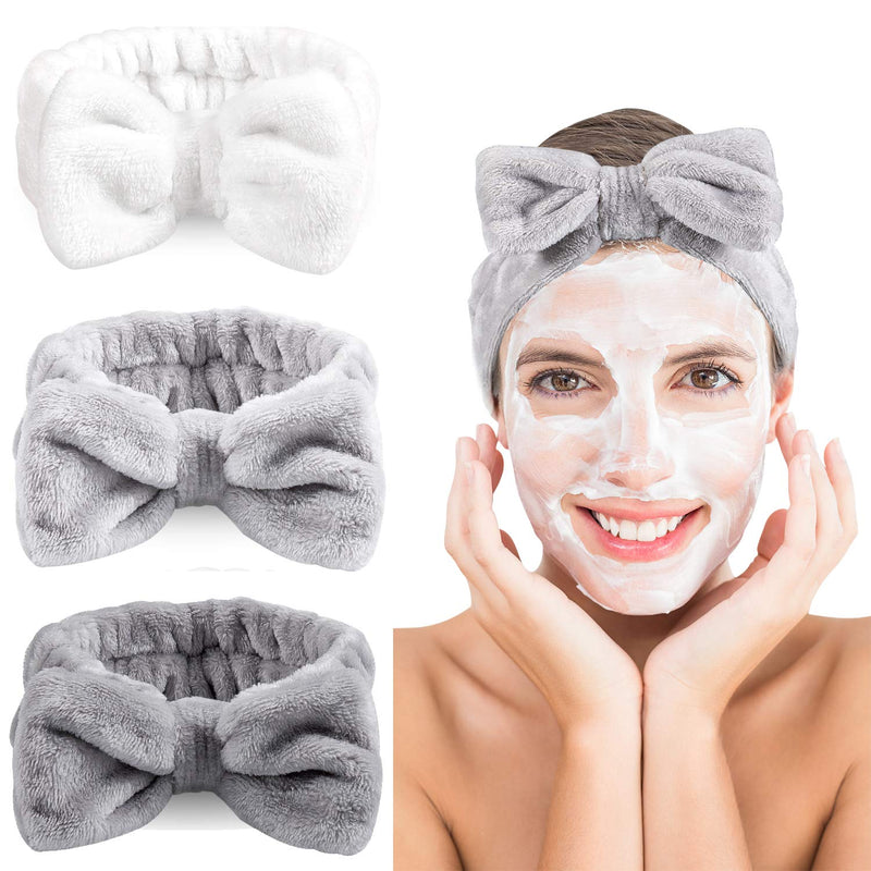 [Australia] - Whaline 3 Pack Spa Headband Bowknot Hair Band Coral Fleece Facial Makeup Headband Elastic Head Wrap for Washing Face Shower Sports Beauty Skincare (White, Gray, Dark Gray) White,Gray,Dark Gray 