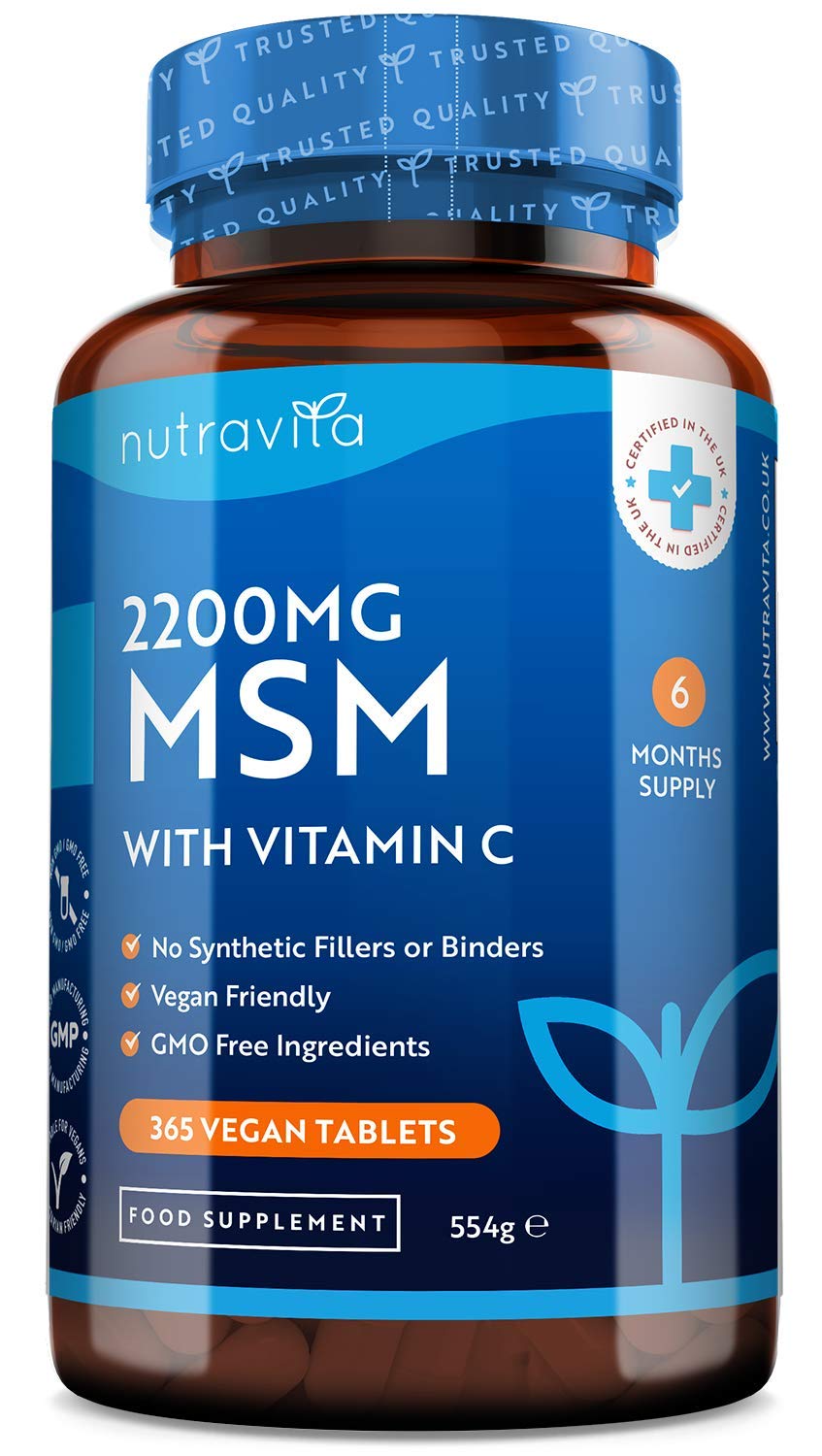 [Australia] - MSM 2200mg Tablets – 365 Vegan Tablets – Methylsulfonylmethane with 80mg Vitamin C – 6 Month Supply - Made in The UK by Nutravita 