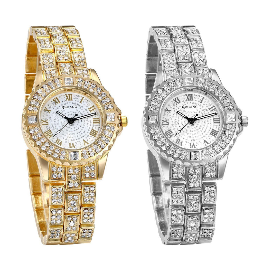 [Australia] - JewelryWe Women Watches Gold Tone Alloy Quartz Watch Stylish Rhinestone Bling Dress Watch Wristwatches 2pcs 