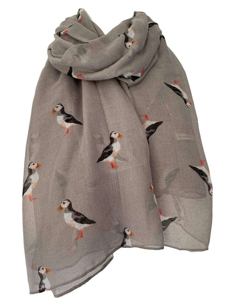[Australia] - Purple Possum® Puffin Scarf Ladies Puffins Shawl Cute Large Bird Print Wrap Birds Grey 